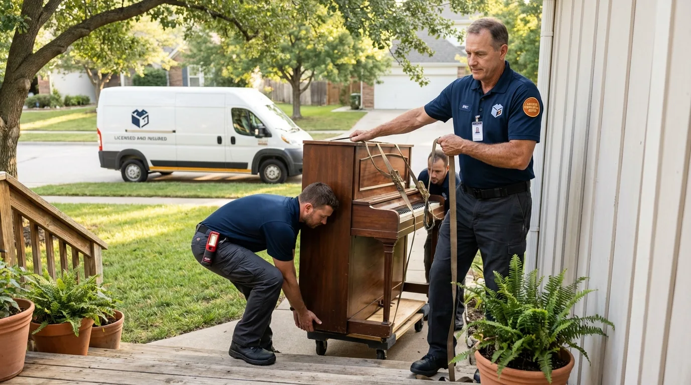 Licensed piano movers securing grand piano in Scottville, MI