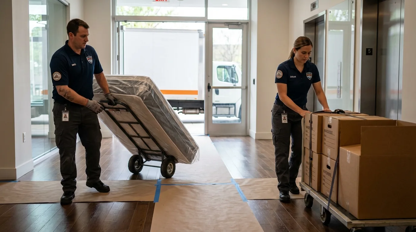 Professional apartment movers loading elevator in Scottville, MI