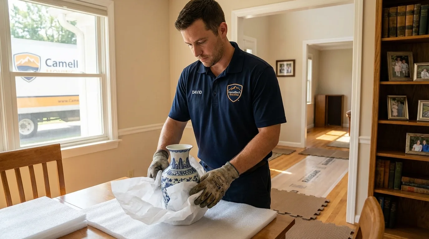 Professional crew carefully wrapping antique vase for senior downsizing move in Scottville, MI