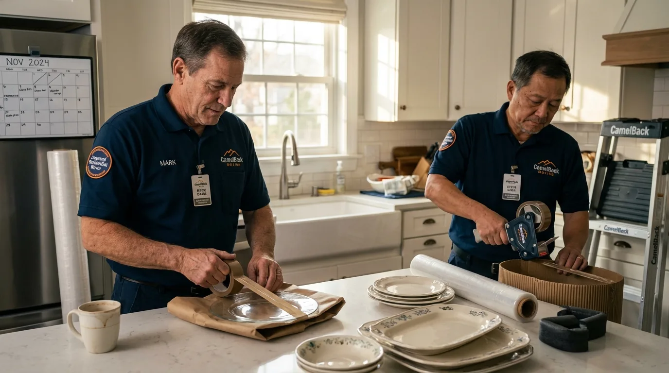 Professional crew packing kitchen dishware in Scottville, MI